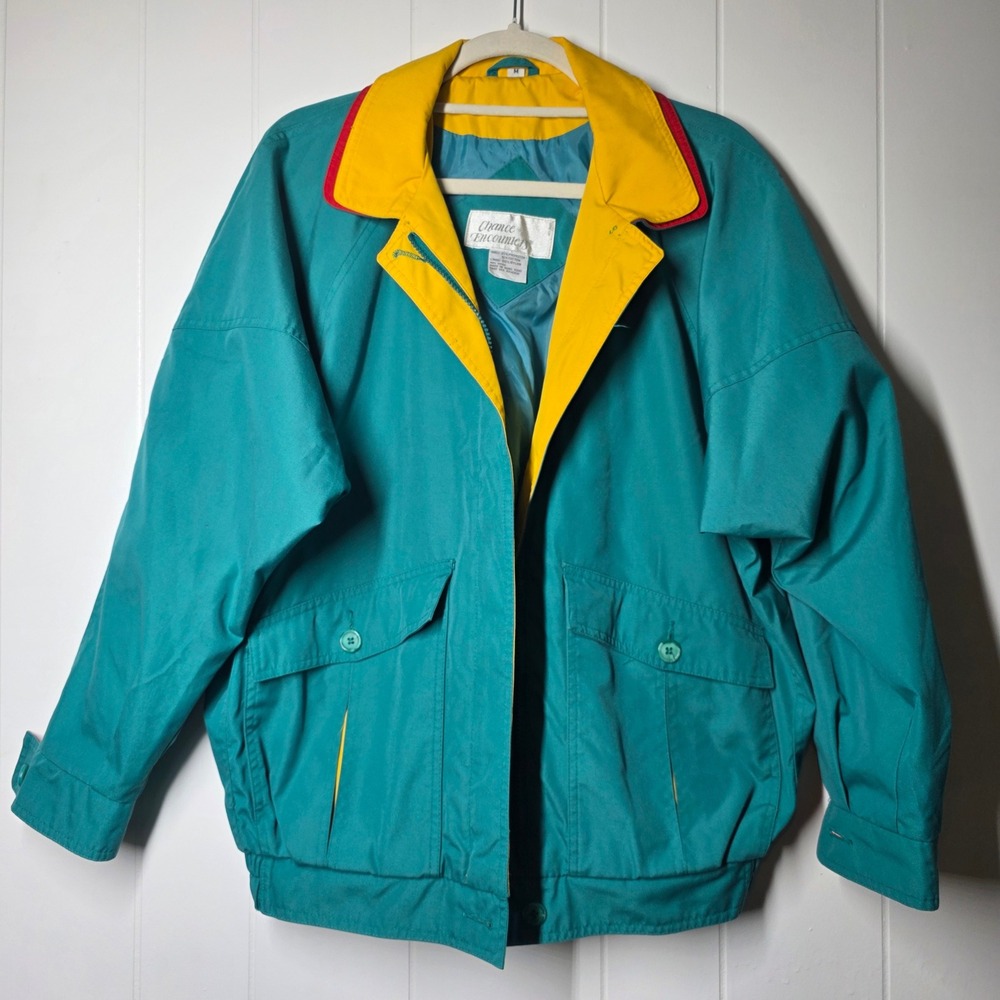 Vintage Chance Encounters Colorblock Bomber Jacket Teal Yellow Red Size M 90s